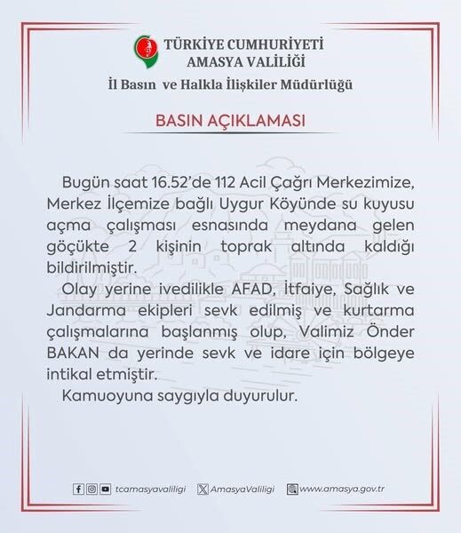 Amasya’da göçük: 2 kişi toprak altında Amasya Valiliği'nden yapılan açıklamada,