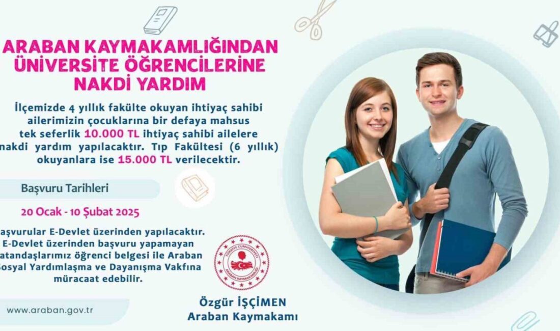 Araban’da üniversite öğrencilerine nakdi yardım yapılacak Gaziantep Araban Kaymakamlığı, ilçedeki