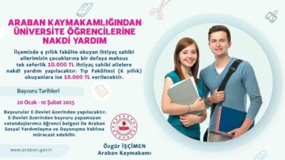 Gaziantep Araban Kaymakamlığı, ilçedeki fakülte öğrencilerine nakdi yardım yapacağını duyurdu.