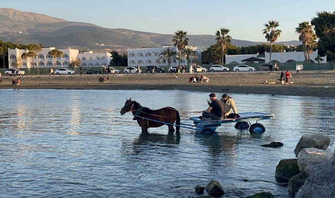Hatay’da güneşli havanın keyfini çıkarmak isteyen 2 kişi, at arabasıyla