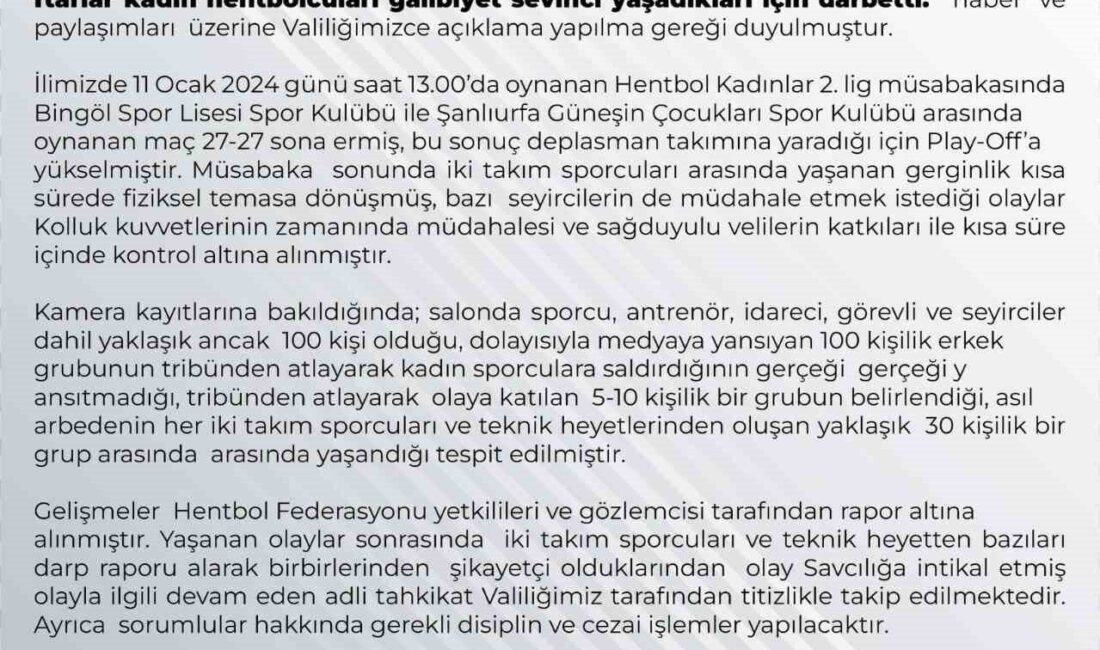 Bingöl Valiliği’nden açıklama Bingöl Valiliği, kadın hentbolcuların