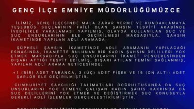 Genç ilçesinde mala zarar verme ve kundaklamaya teşebbüs suçlarından aranan
