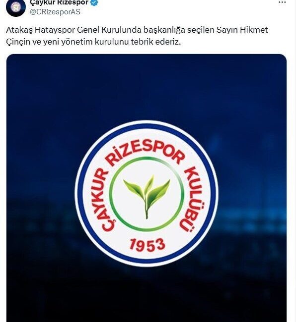 Çaykur Rizespor’dan Atakaş Hatayspor’un yeni başkanına tebrik mesajı Çaykur Rizespor, Atakaş Hatayspor'un