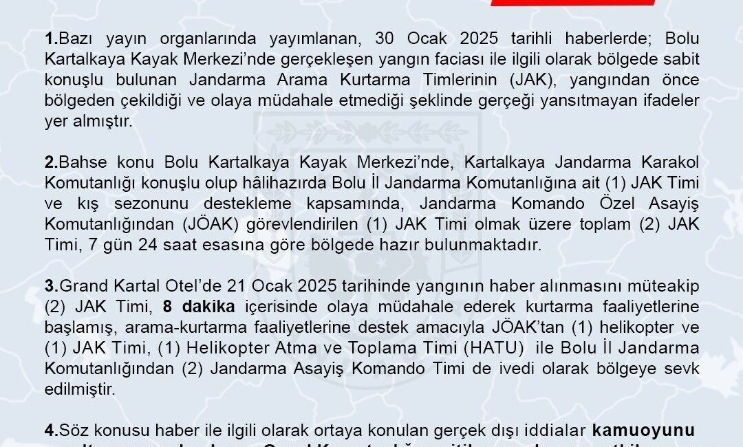 Jandarma Genel Komutanlığı, Bolu Kartalkaya Kayak Merkezi'ndeki yangına JAK timlerinin