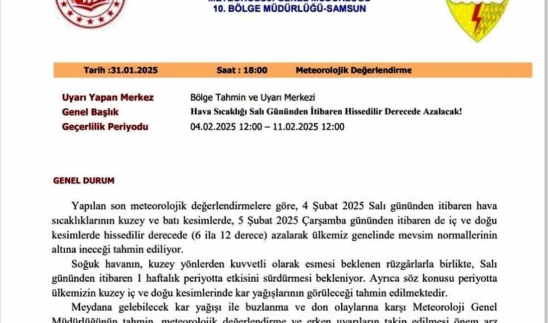Samsun'da hava sıcaklığı 6 derece kadar düşecek. Salı gününden itibaren
