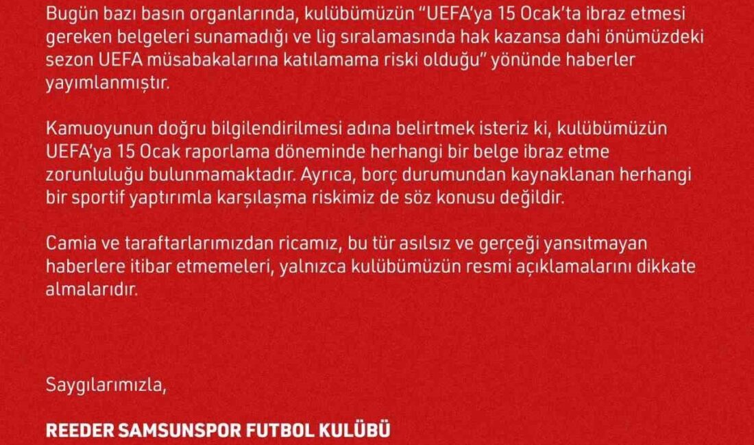Samsunspor'un UEFA müsabakalarına katılamama riskinin, kulübün resmi açıklamasıyla yalanlandığı belirtildi.