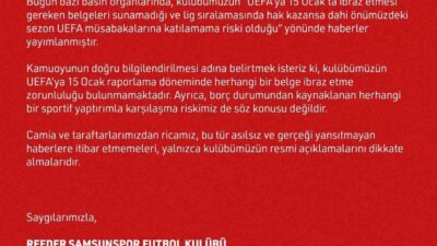 Samsunspor'un UEFA müsabakalarına katılamama riskinin, kulübün resmi açıklamasıyla yalanlandığı belirtildi.