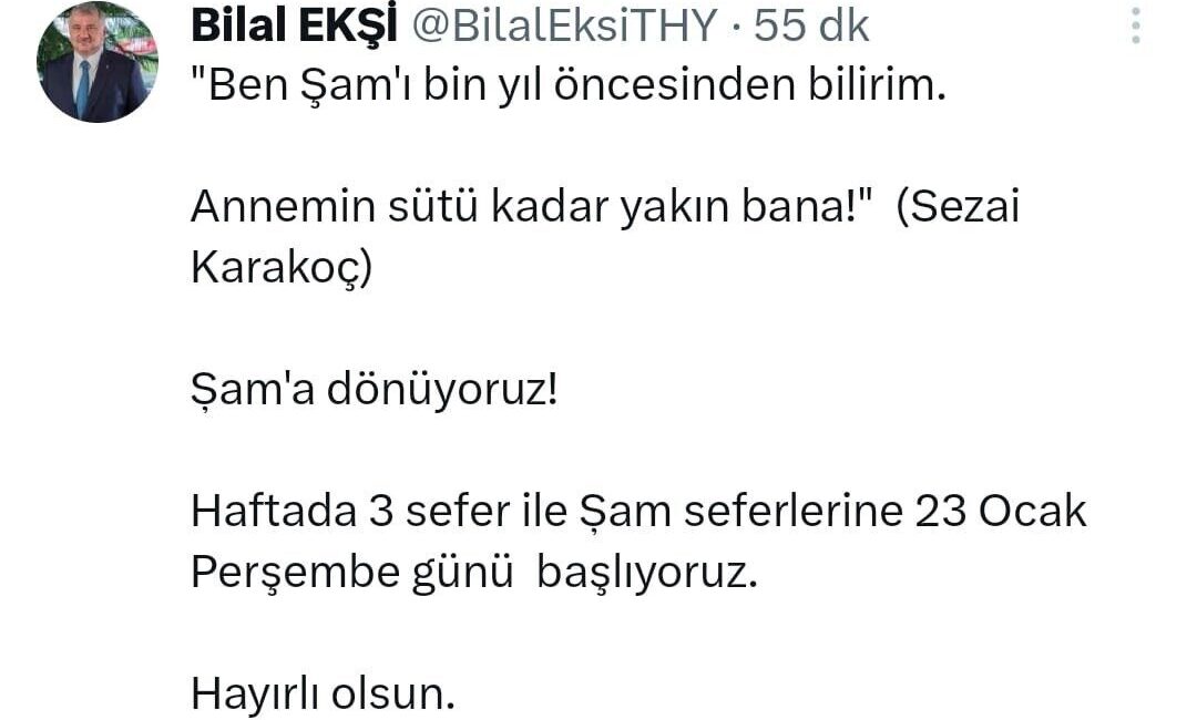 Türk Hava Yolları, Şam seferlerine 23 Ocak Perşembe günü başlayacağını