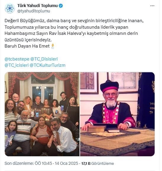 İstanbul'da hayatını kaybeden Türkiye Musevileri Hahambaşı Rav İsak Haleva'nın ölümü,