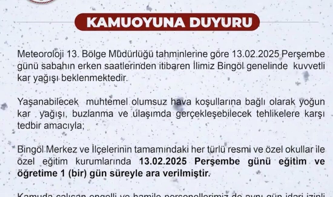 Bingöl’de Meteoroloji 13. Bölge Müdürlüğü'nün hava tahminlerine göre 13 Şubat