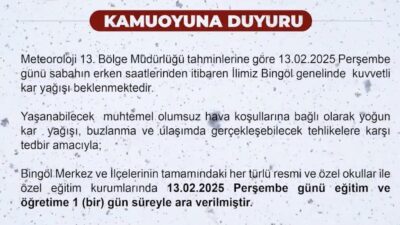 Bingöl’de Meteoroloji 13. Bölge Müdürlüğü'nün hava tahminlerine göre 13 Şubat