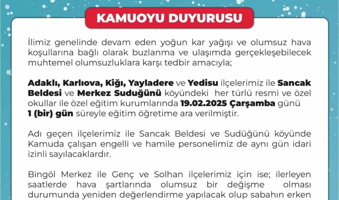 Bingöl'de yoğun kar yağışı sebebiyle 5 ilçe, 1 belde ve
