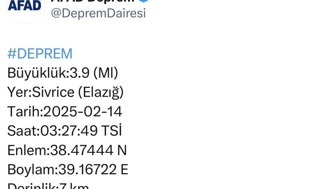 Elazığ'ın Sivrice ilçesinde 3.9 büyüklüğünde bir deprem meydana geldi. Depremin