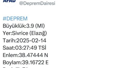 Elazığ'ın Sivrice ilçesinde 3.9 büyüklüğünde bir deprem meydana geldi. Depremin