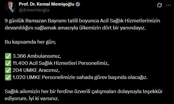 Sağlık Bakanı Kemal Memişoğlu, Bayram tatili boyunca kapsamlı sağlık önlemleri