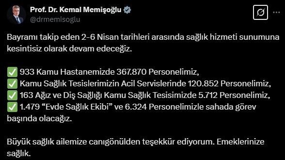 Sağlık Bakanı Kemal Memişoğlu, bayram sonrası 2-6 Nisan tarihlerinde sağlık