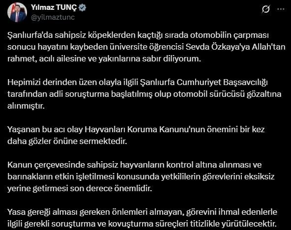 Üniversite öğrencisi Sevda Özkaya'nın vefatıyla ilgili Adalet Bakanı Yılmaz Tunç,