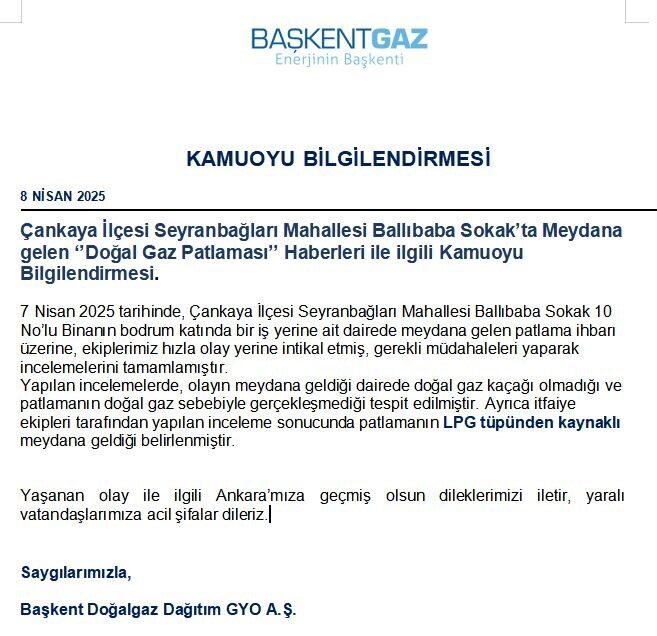 Ankara'da Çankaya ilçesindeki patlama, itfaiye incelemesi sonucunda LPG tüpünden kaynaklandığı