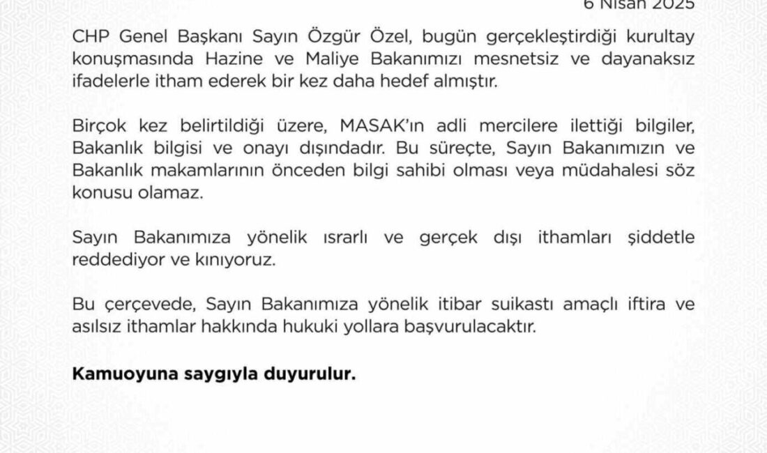 Hazine ve Maliye Bakanlığı, CHP Genel Başkanı Özgür Özel'in Hazine