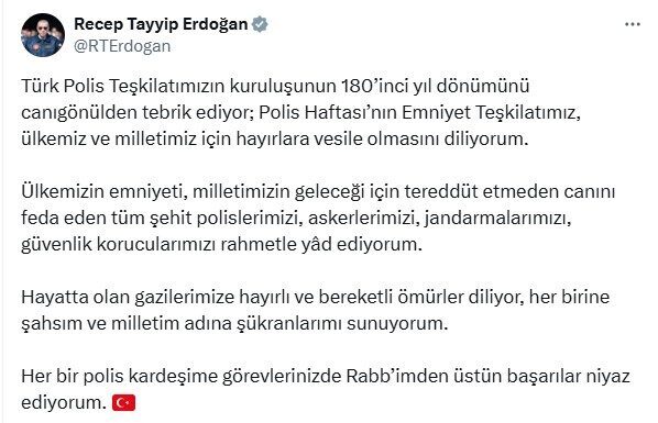 Cumhurbaşkanı Recep Tayyip Erdoğan, Türk Polis Teşkilatı'nın 180. kuruluş yıl