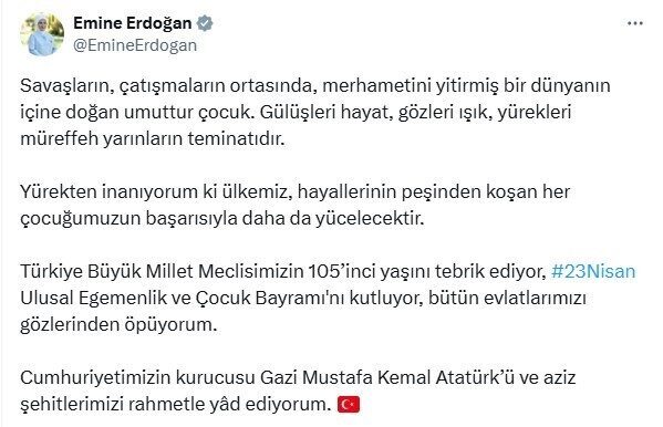 Emine Erdoğan, 23 Nisan dolayısıyla çocuklara umut ve başarı mesajları