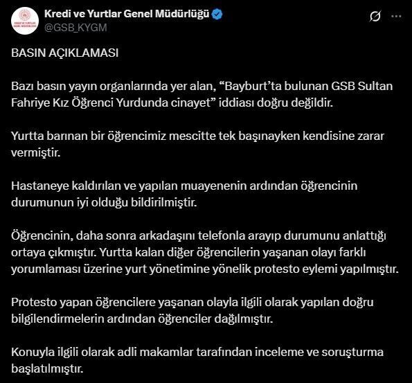 KYK, Bayburt'taki kız öğrenci yurdunda cinayet iddialarını yalanladı. Yurtta yaşanan