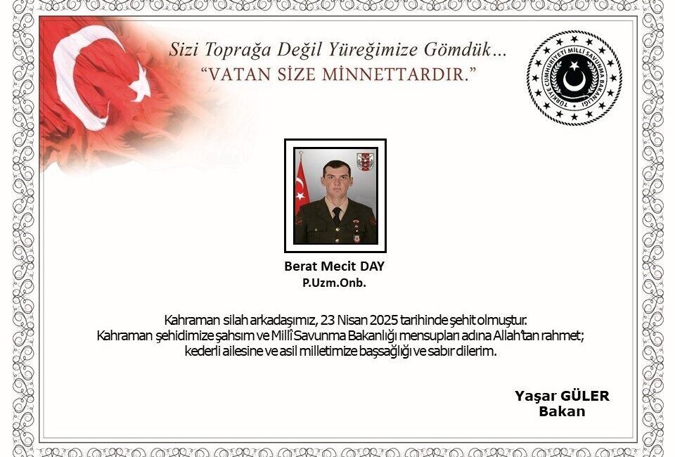 MSB, Pençe-Kilit operasyonunda şehit düşen Piyade Uzman Onbaşı Berat Mecit