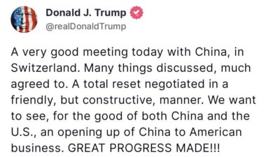 ABD Başkanı Donald Trump, Çin ile yapılan İsviçre'deki ticaret görüşmelerinde