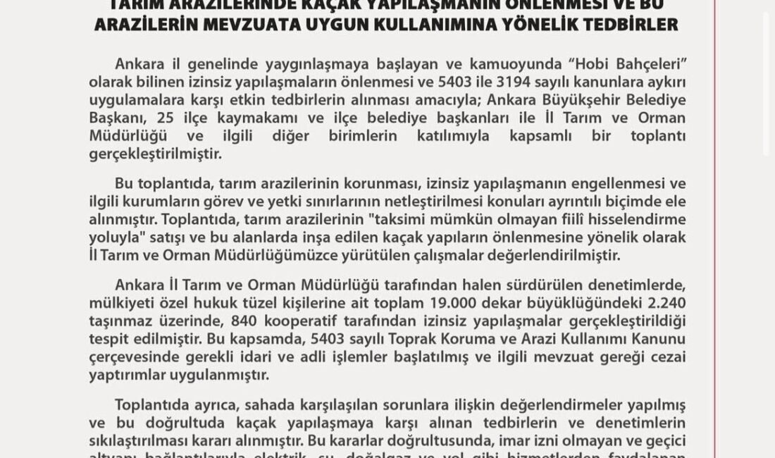 Ankara Valiliği, imar izni olmayan kaçak yapıların elektrik, su, doğalgaz