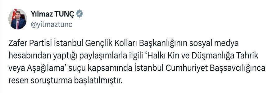 Adalet Bakanı Yılmaz Tunç, Zafer Partisi İstanbul Gençlik Kolları Başkanlığı'nın