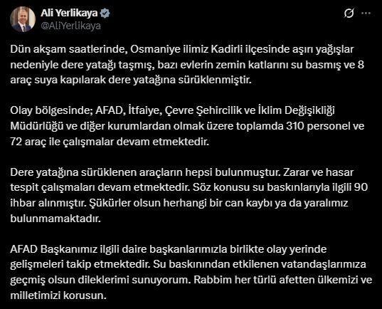 Ali Yerlikaya, Osmaniye'deki felaket sonucu su baskını yaşanan ev ve