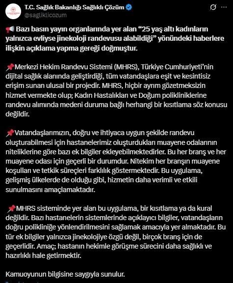 Sağlık Bakanlığı, '25 yaş altı evli olmayan kadınların jinekoloji randevusu
