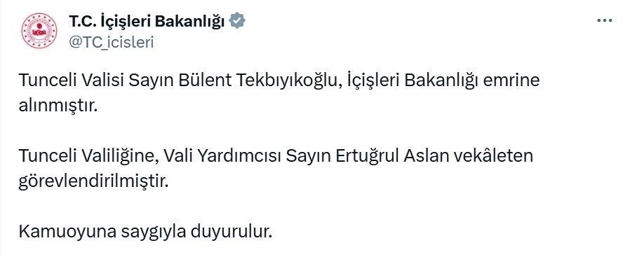 Tunceli Valisi Tekbıyıkoğlu merkeze çekildi Tunceli Valisi Bülent Tekbıyıkoğlu,