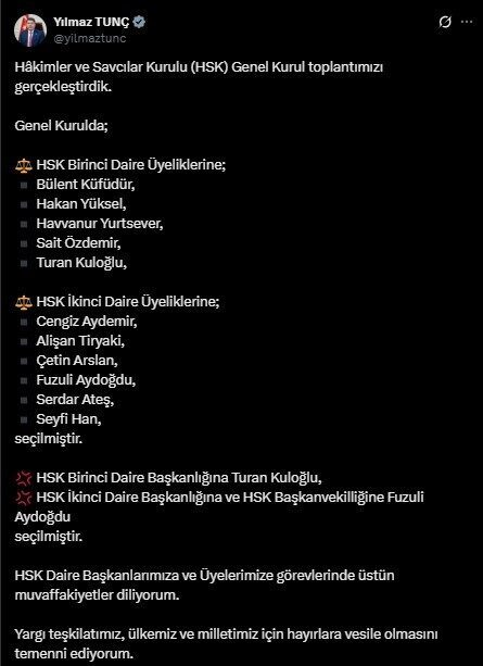 Bakan Tunç, HSK Birinci Daire Başkanlığına Turan Kuloğlu’nun seçildiğini duyurdu Adalet Bakanı Tunç, HSK