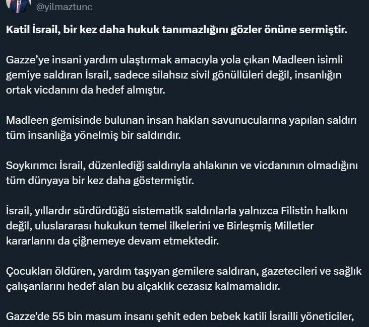 Bakan Tunç: “Katil İsrail, bir kez daha hukuk tanımazlığını gözler önüne sermiştir” Adalet Bakanı Yılmaz Tunç,
