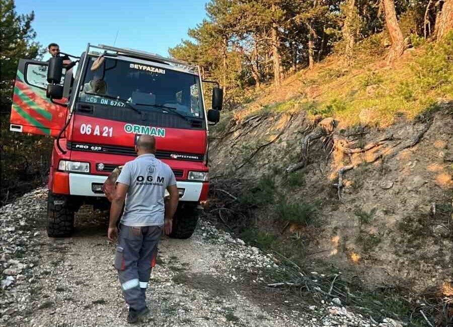 Beypazarı ilçesinde ormanlık alanda çıkan yangın, itfaiye ekipleri ve köy