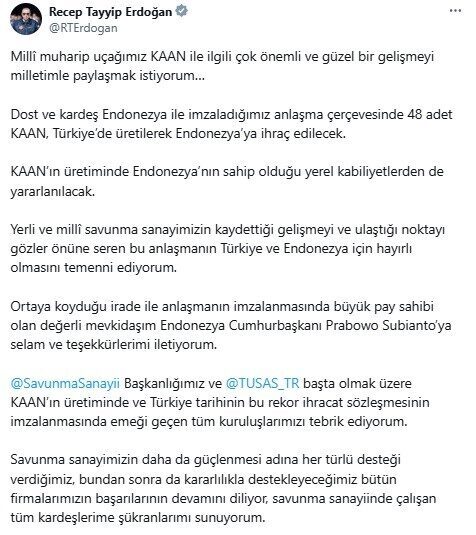 Cumhurbaşkanı Erdoğan duyurdu: Türkiye’den Endonezya’ya 48 KAAN’lık tarihi ihracat Erdoğan, Türkiye'nin milli savaş