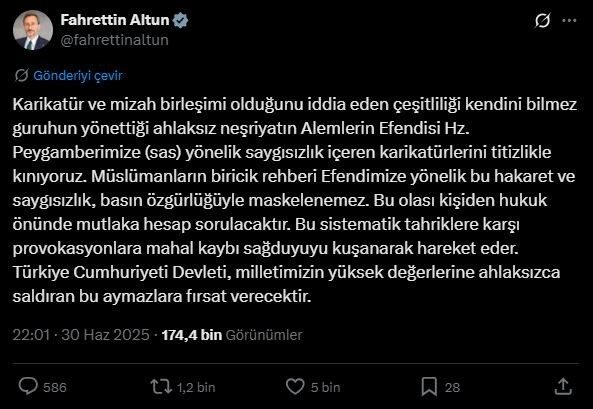 Fahrettin Altun: “Peygamberimize yönelik saygısızlık içeren karikatürleri şiddetle kınıyoruz” Cumhurbaşkanlığı İletişim Başkanı Fahrettin