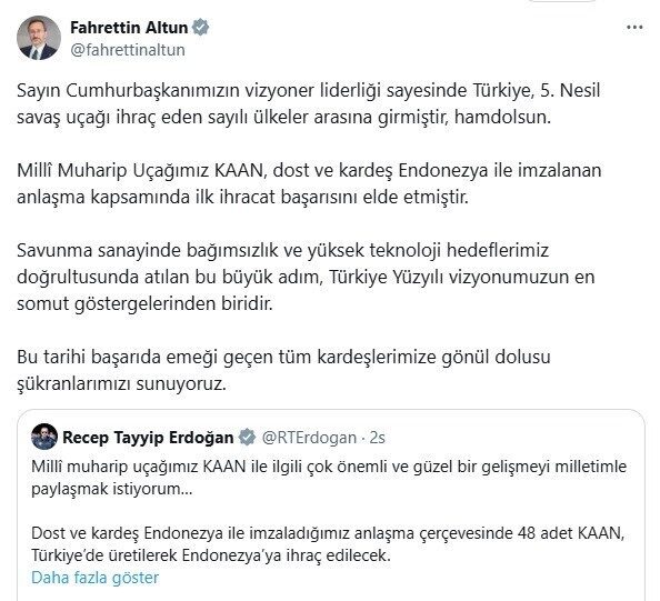 Fahrettin Altun: “Türkiye, KAAN ile 5. Nesil savaş uçağı ihraç eden sayılı ülkeler arasında” Cumhurbaşkanı İletişim Başkanı Fahrettin