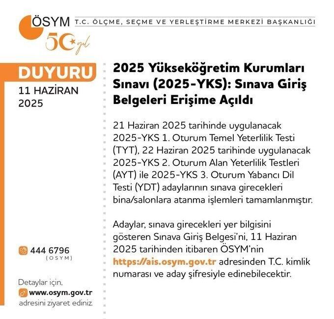 2025 Yükseköğretim Kurumları Sınavı (YKS) için sınava giriş belgeleri ÖSYM'nin