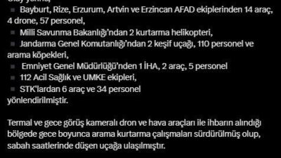 AFAD, Eskişehir'den Rize'ye giderken düşen uçağın enkazına ulaşıldığını duyurdu. Uçakta