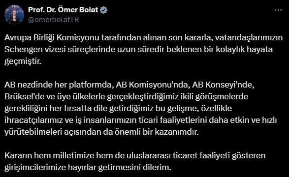 Ticaret Bakanı Ömer Bolat, AB Komisyonu'nun Schengen vizesi süreçlerinde getirdiği