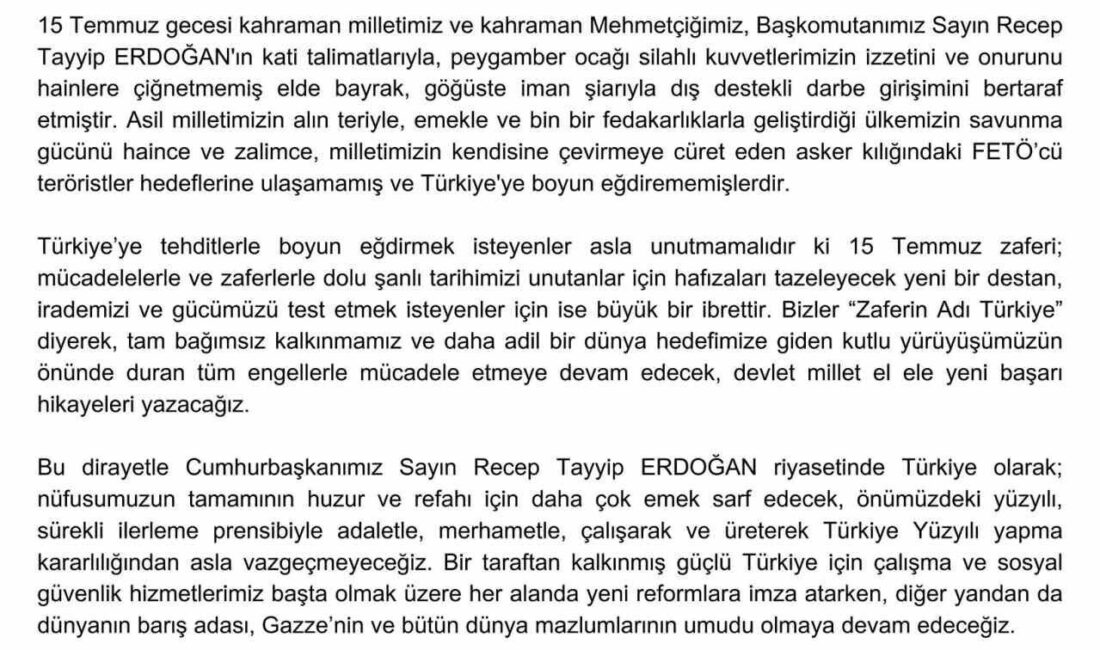 Çalışma ve Sosyal Güvenlik Bakanı Vedat Işıkhan, 15 Temmuz'u kutlayarak,