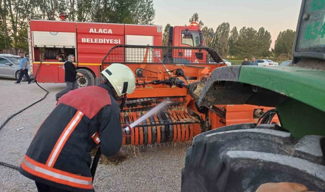 Balya makinesinde çıkan yangına zamanında müdahale Çorum'un Alaca ilçesinde tarlada