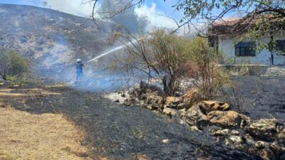 Çorum'un Alaca ilçesinde Değirmendere köyünde çıkan yangın, rüzgarın etkisiyle hızla