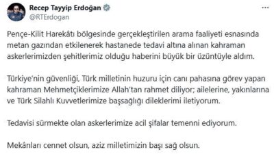 Cumhurbaşkanı Erdoğan, Pençe-Kilit Harekatı bölgesinde metan gazından etkilenerek şehit olan