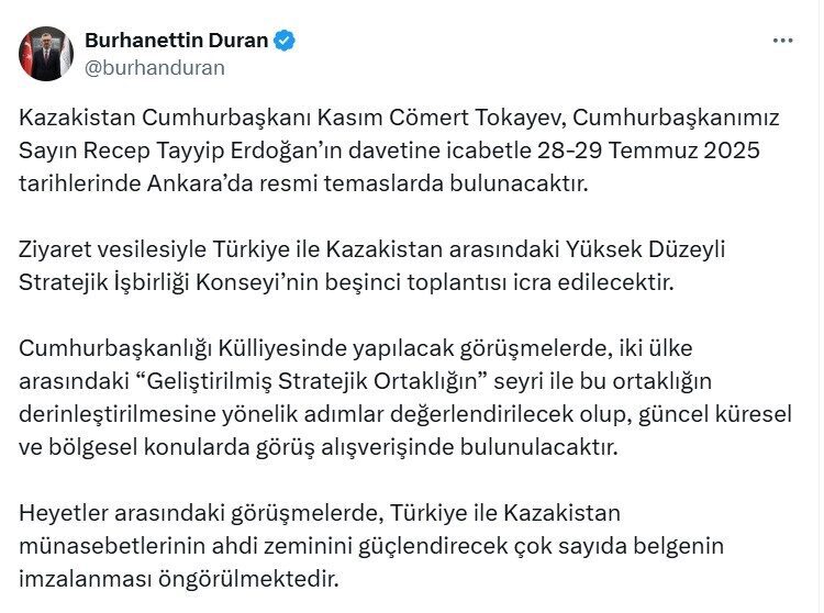 Cumhurbaşkanı Erdoğan'ın daveti üzerine Kazakistan Cumhurbaşkanı Tokayev'in Ankara'ya geleceği duyuruldu.