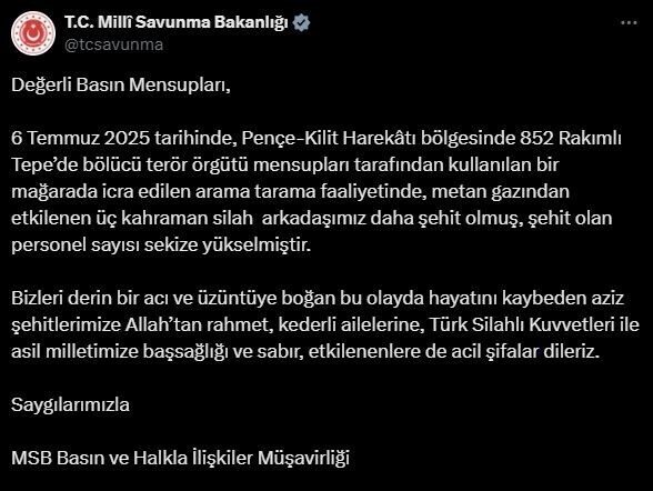 Metan gazından etkilenen 3 asker daha şehit oldu Pençe-Kilit Harekatı'nda metan gazından