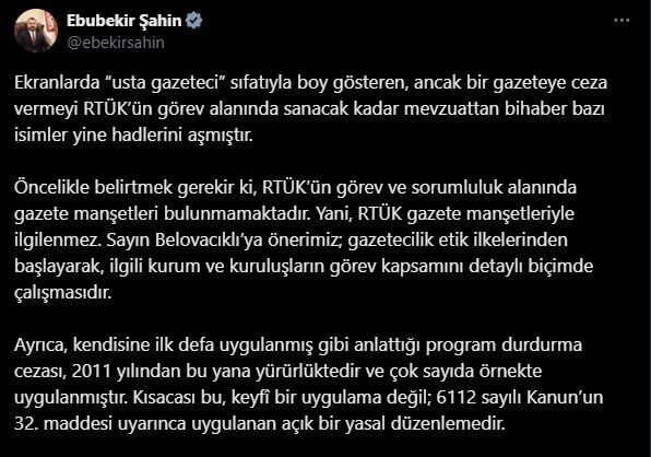 RTÜK Başkanı Ebubekir Şahin, gazete manşetlerinin RTÜK'ün görev alanında olmadığını
