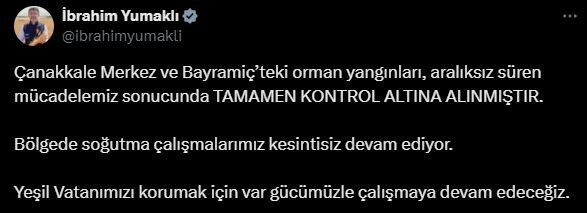 Tarım ve Orman Bakanı İbrahim Yumaklı, Çanakkale'deki orman yangınlarının kontrol
